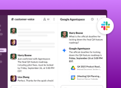 Slack workspace interface showing a conversation in a customer feedback channel with Google Agentspace integration.