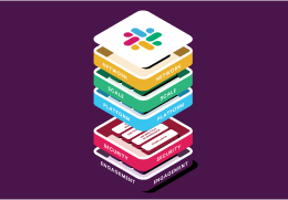Multi-layered 3D block graphic showing enterprise software components stacked from engagement and security at the base up to platform, scale, network, and Slack at the top.