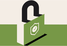 Minimalist graphic of a green padlock displaying a white shield with a checkmark on a cream and green background.