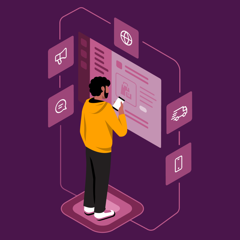 A mobile user looking at a Slack application with icons around him.