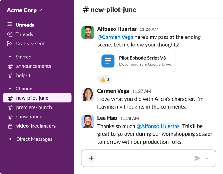 A Slack thread in the new-pilot-june channel where team members Alfonso Huertas, Carmen Vega, and Lee Hao review a pilot episode script.