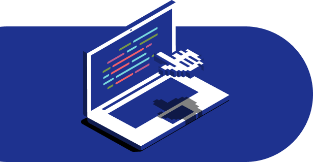 Digital illustration featuring a white laptop displaying syntax-highlighted code with a pixelated hand cursor selecting the screen.
