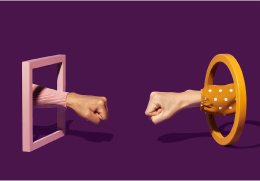 Two arms extending out of a rectangular frame and a circular frame to give a virtual fist bump on a purple background.