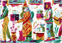 Colorful and detailed illustration of people carrying boxes and organizing documents, reflecting diverse workplace tasks and flexible collaboration.