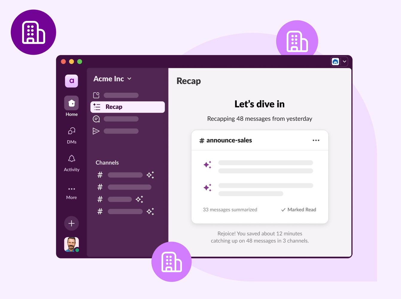 The Slack desktop interface showing the Recap feature with a summary of messages from the announce-sales channel.