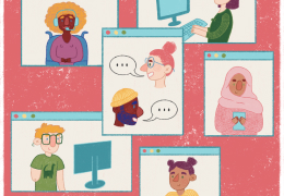 An illustration of diverse people in separate windows, representing a virtual meeting or collaboration.