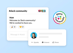Digital community interface displaying a welcome message in a channel next to the Slack Community logo badge.
