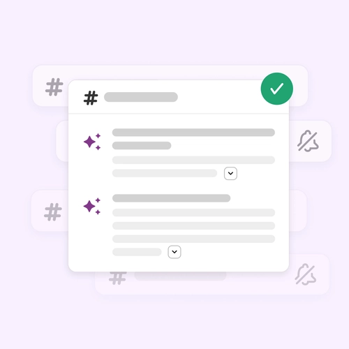 Slack interface showing a channel with AI-generated summaries marked by sparkle icons and a green checkmark icon.