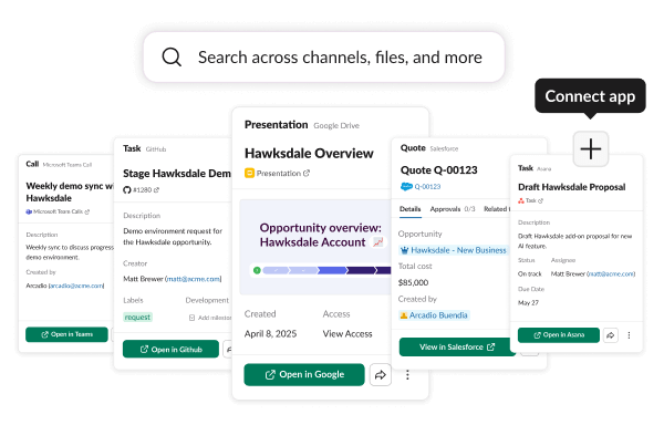 Graphic showing cross-platform search results and integrated work cards from apps like Google Drive, Salesforce, GitHub, Microsoft Teams, and Asana.