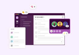 The Slack desktop interface showing a channel with a huddle active, featuring participant avatars and notification bubbles.
