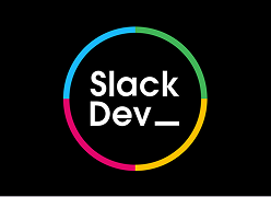 Slack Dev text logo centered within a circular colorful rainbow outline on a black background.