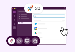 The Slack desktop interface showing a search menu with app integrations and a huddle control bar with a rocket icon and 30.