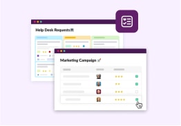 Graphic showing overlapping Slack project management list views for organizing support tickets and campaign deliverables.
