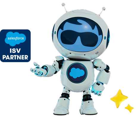 A futuristic white robot mascot featuring the Salesforce cloud logo on its chest next to a Salesforce ISV Partner badge.