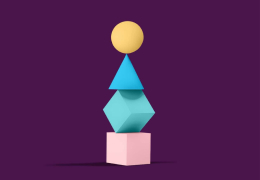 A stack of four geometric shapes including a pink cube, a teal cube, a blue triangle, and a yellow sphere on a purple background.