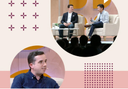 Business professionals presenting during a live conference session framed in geometric cutouts.