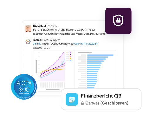 Ein Channel und ein Canvas sind mit Schlosssymbolen bedeckt, um zu zeigen, wie Kundendaten in Slack geschützt werden.