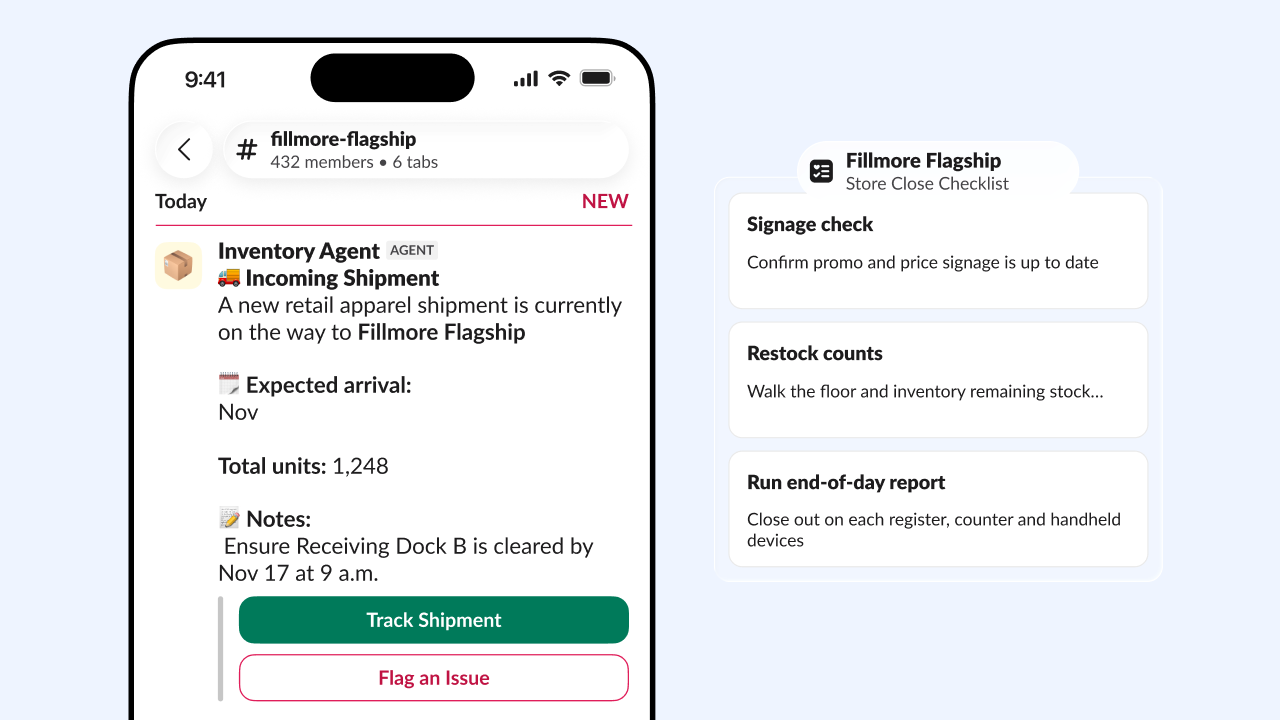 The Slack mobile interface showing an Inventory Agent notification about an incoming shipment and a store close checklist.