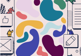 Vibrant graphic showcasing multi-colored blob shapes alongside interactive elements like a document, edit pencil, and approval symbol.