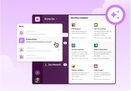 Slack Workflow Builder menu highlighting automation options alongside pre-configured workflow templates on a light purple background.
