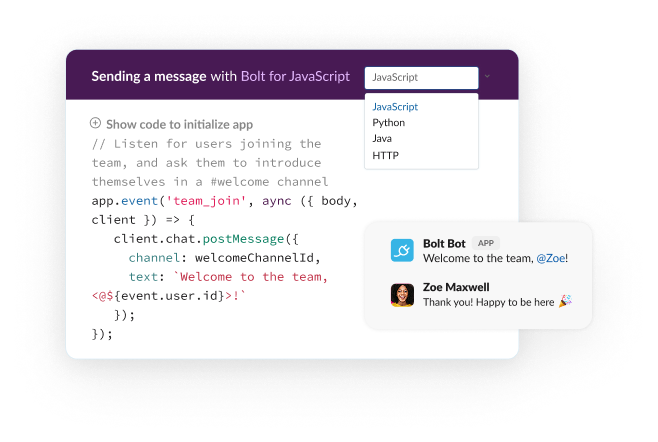 Code editor window displaying JavaScript for Slack's Bolt framework alongside a automated notification preview.