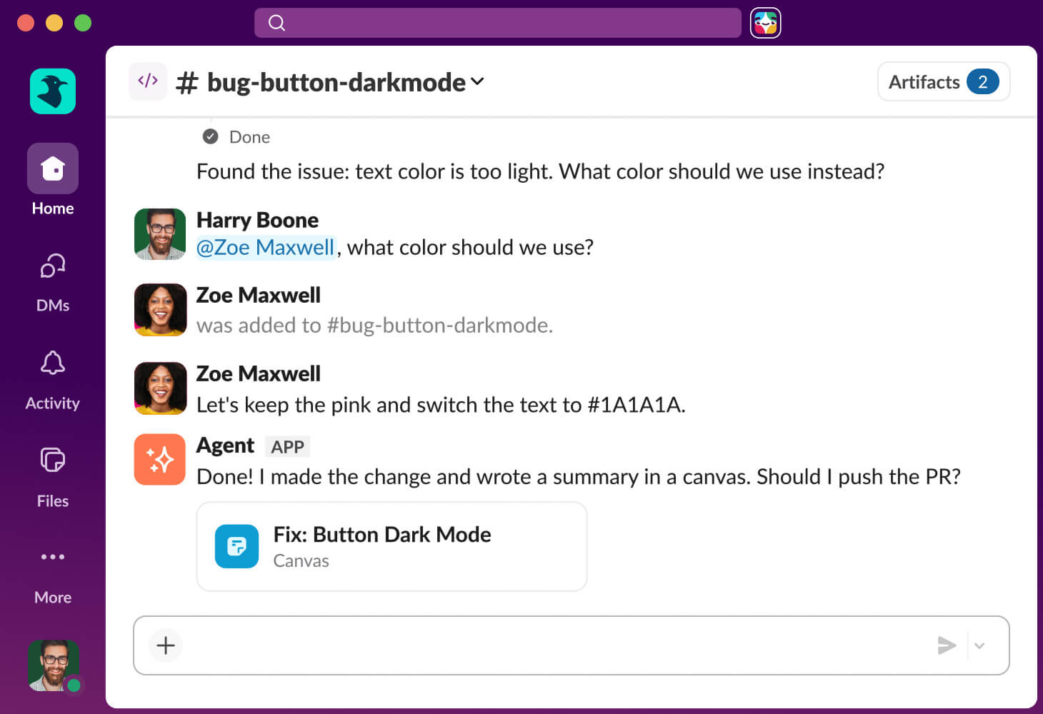Slack channel interface showing a discussion about fixing text color in dark mode, featuring a automated AI Agent app confirming updates and offering to push a PR.