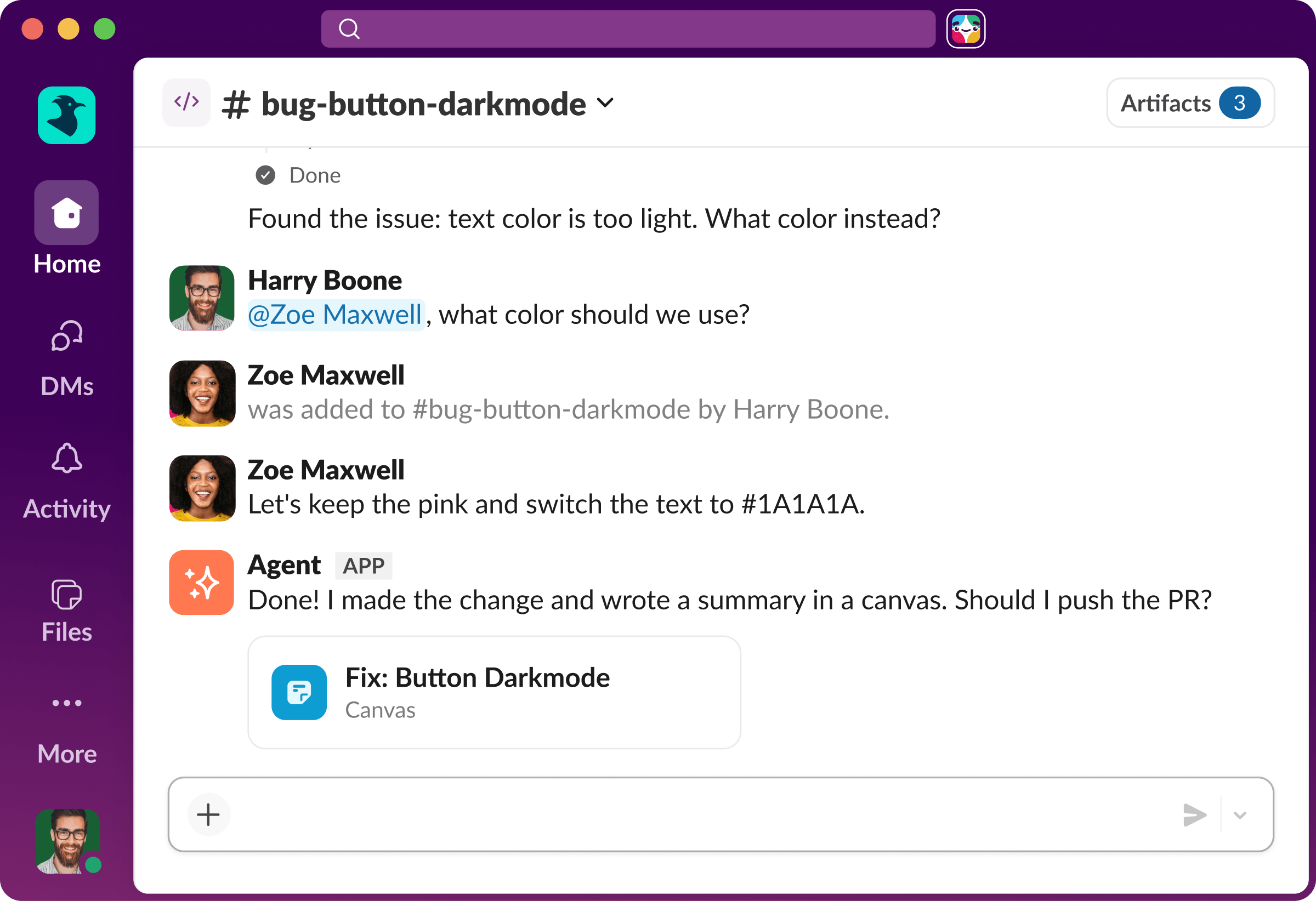 A team wraps up work in a code channel. The AI agent documents the fix in a canvas, shares the update back with the team, and closes the channel once the work is complete.